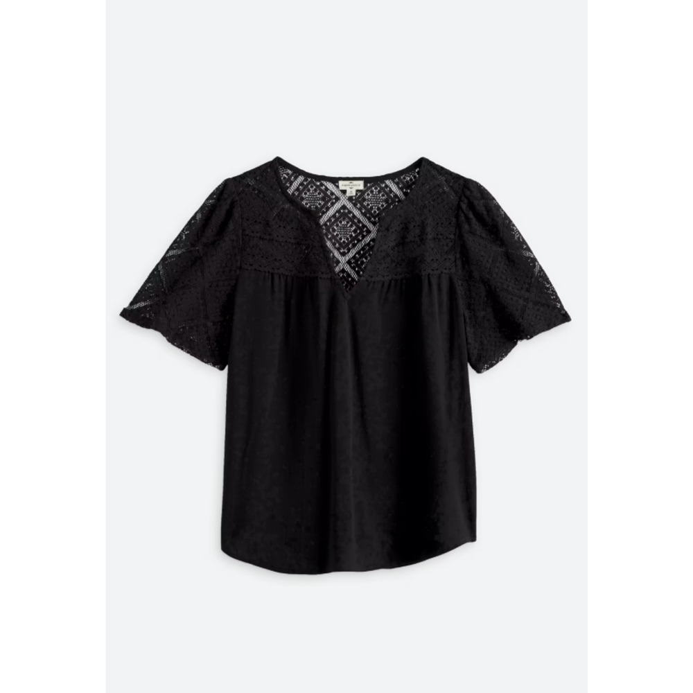 NWT Womens Mason & Belle Jazmine Lace Detail Blouse Large Rayon Black Flutter